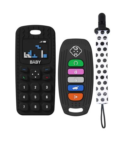Baby Teething Toys Honboom 2 Pack Silicone Chew Toys Baby Teether Toys for Newborn Babies Cell Phone and Car Key (Black)