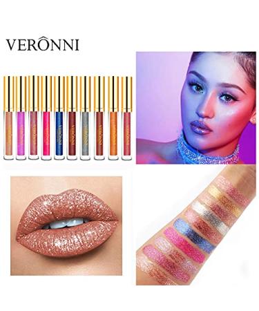 VERONNI Diamond Glitter Lipstick Set - 10 Pcs High Pigment Metallic Lip Gloss | Long Lasting Waterproof Makeup Gift Set - Buy Online on GoSupps.com