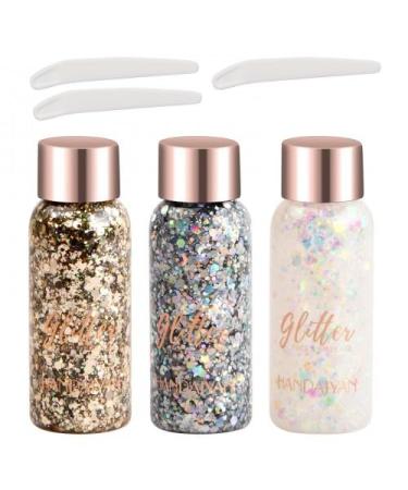 Dokeno Dokeno Body Glitter Gel 3 Bottle Body Gel with Glitter Makeup Shiny Long Lasting for Face Nails Eyes Lips Hair Body (Gold Silver and White)