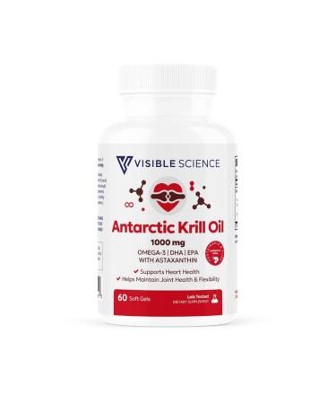 Visible Science Antarctic Krill Oil 1000mg Omega-3 EPA & DHA with Astaxanthin Heart Joint & Brain Health Support Helps Maintain Flexibility Sustainably Sourced 60 Softgels