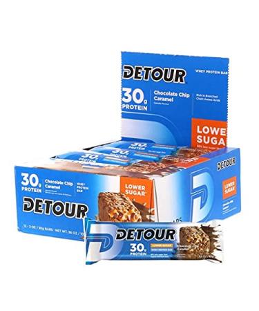 Detour Lower Sugar Whey Protein Bar, Chocolate Chip Caramel, 3 Ounce, Pack of 12 Lower Sugar Chocolate Chip Caramel 12 Count (Pack of 1)