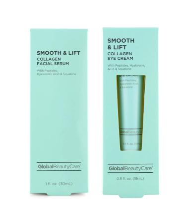 Global Beauty Smooth & Lift Collagen Facial Serum 1 fl oz 30 ml & Eye Cream .5 fl oz 15ml with Peptides Hyaluronic Acid & Squalane 1fl oz 30ml