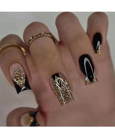 French Tip Press on Nails Medium Square Fake Nails Black False Nails with Gold Glitter Designs Full Cover Glossy Stick on Nails for Women Girls Manicure Decorations 24Pcs