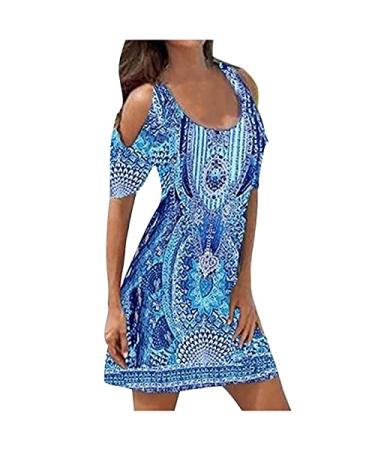 LADIGASU Women's Summer Casual T Shirt Dresses Cold Shoulder Short Sleeve Boho Mini Sundress U Neck Beach Dress Large Blue