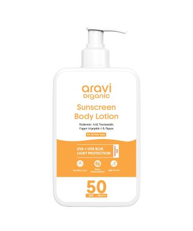 Aravi Organic Oil-Free Sunscreen Body Lotion SPF 50 PA++++ | (In-Vivo) Dermatologically Tested | Lightweight & No White Cast | UVA/UVB & Blue Light Protection | Niacinamide & Hyaluronic Acid | 200ml