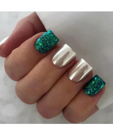 Mouyouglow press on nails short square silver gray glaze dark green glitter fake nails artificial nails with nail glue bling silver gray artificial fingernails t8