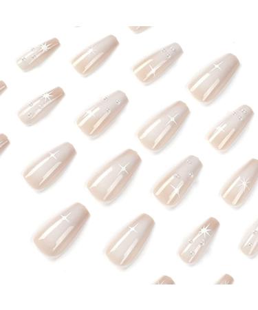 24Pcs French False Nails Coffin Medium Length White Pearls Ballerina Press on Nails | Artificial Full Cover Acrylic Stick on Nails for Women Girls DIY Nail Art - Buy Online on GoSupps.com