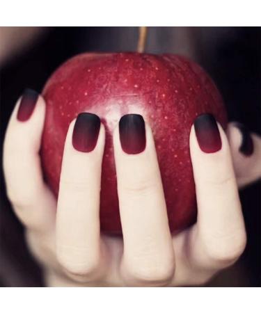 24Pcs Ombre False Nails Gradient Matte Full Cover Short Round Fake Nails with Glue Sticker Salon Clip on Fingernails for Women and Girls (Black and red)