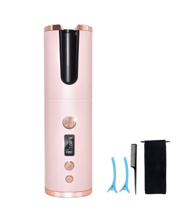 Cordless Automatic Hair Curler, Auto Curling Iron with LCD Display Adjustable Temperature & Timer, Ceramic Hair Curler USB Charging and Rechargeable, Portable Hair Styler for Travel (Pink)