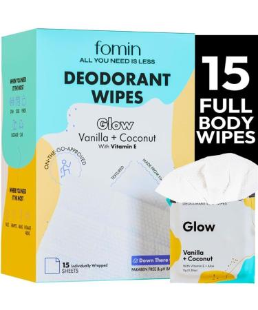 FOMIN Travel Deodorant Wipes - 15 Count - Glowing Coconut and Vanilla - pH Balanced Hypoallergenic Mini Deodorant Wipes For Women and Men - Plastic-Free Individually Wrapped Underarm & Body Wipes Glow - Coconut Vanilla 15 Count (Pack of 1)