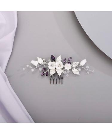 Chargances Wedding White Flower Hair Comb Bridal Rhinestone Leaf Crystal Hair Side Comb Purple Handmade Headpiece Hair Accessories for Women and Girls (Purple) - Buy Online on GoSupps.com
