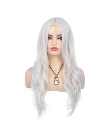 RicHyun White Long Curly Wavy Wig | Middle Part Cosplay Synthetic Heat Resistant Halloween Wig for Women - Buy Online on GoSupps.com