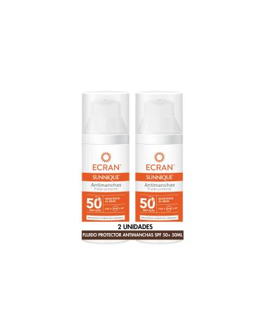 Ecran Sunscreen - Anti-dark spot facial sunscreen SPF 50+ with niacin protects against burns corrects imperfections evens skin tone formula with VitEox 80 - Pack of 2 x 50 ml