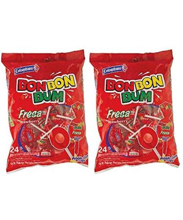 Bon Bon Bum - Bubble Gum Filled Lollipops by Colombina Bonbonbum Strawberry flavour 2 bags x 24 lollipops 48 units total