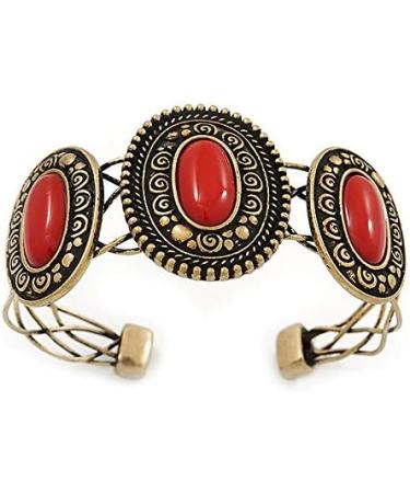 Avalaya Vintage Burn Gold Hammered Cuff Bangle with Red Stones | Adjustable Bracelet - Buy Online on GoSupps.com