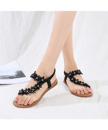 Summer women flat gladiator sandals shoes woman flip flop crystal flower casual beach sandals (color: black size: 5codes) black 6 code