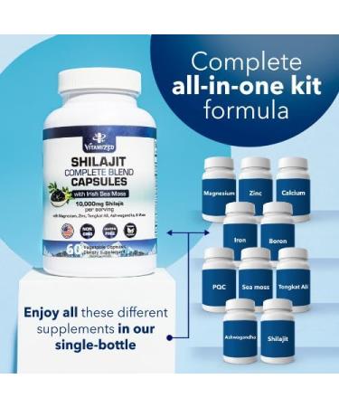 VITAMIZED Himalayan Shilajit for Men & Women - 10 000mg Shilajit Ashwagandha Supplements + Irish Sea Moss Tongkat Ali PQQ & More - 60 Capsules - Buy Online on GoSupps.com