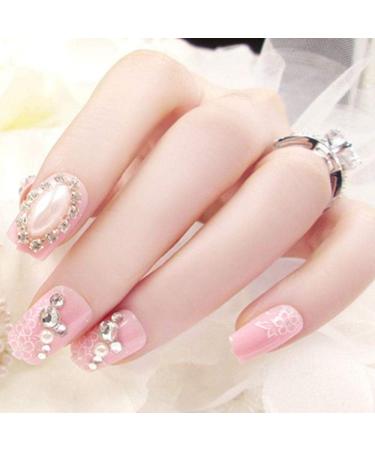 HUJL Artificial Flat False Nails - Light Pink Flower Design with Rhinestones & Gems | Manicure Must-Have - Buy Online on GoSupps.com