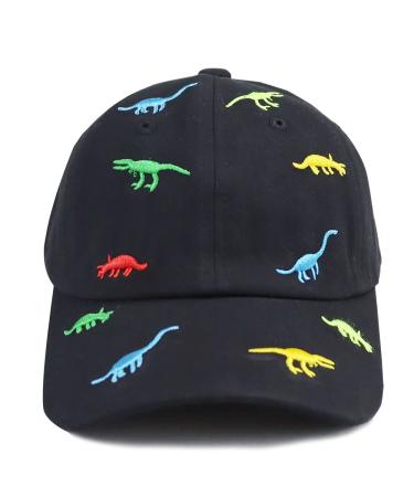 Kids Dinosaur Baseball Cap, Embroidered Adjustable Washed Distressed Vintage Retro Cotton Denim Hat for Boys Girls Black