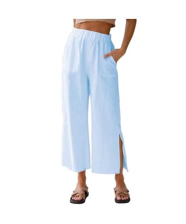DSODAN Casual Side Slit Palazzo Pant with Pockets Women's Cotton Linen Pants Elastic Waisted Wide Leg Trousers Summer Blue-146 Medium