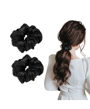 Accessory Black Satin Silk Scrunchies for Hair pack of 2 100% Pure Satin Silk Hair Ties for Women/Girls Natural Satin Silk Elastic Hair Bands for Less Hair Breakage Large Hair Ties Best for All Hair Types Black (pack ...