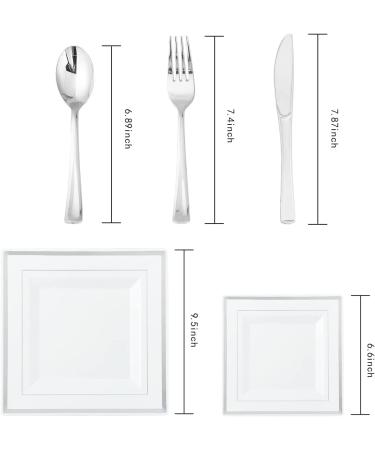 125 Pieces Silver Square Plastic Plates with Silver Rim & Disposable Silverware - include 25 pcs 9.5inch Dinner Plates 25 pcs 6.6inch Dessert Plates 25 Forks 25 Knives 25 Spoons for weddings and parties - Buy Online on GoSupps.com