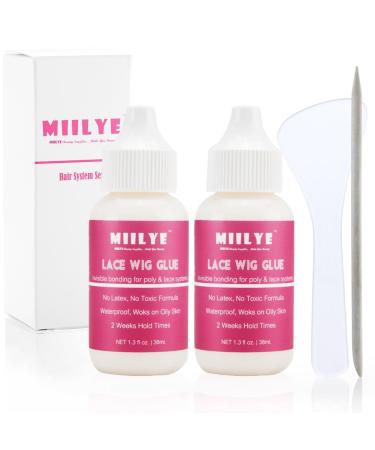 Lace Wig Glue Invisible Waterproof MIILYE Hair Replacement Bonding Adhesive Light Hold Lace Glue for Frontal Wig and Poly Hairpieces Toupee Cosmetic Hair Systems (Pack of 2)