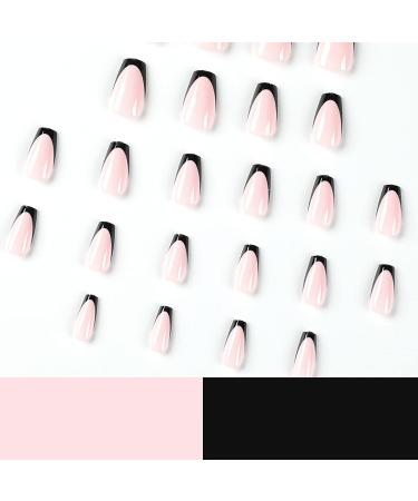 24Pcs Short Coffin French Press on Nails Nude Black Full Cover - Acrylic Fake Nails with Glue Sticker for Women - Buy Online on GoSupps.com