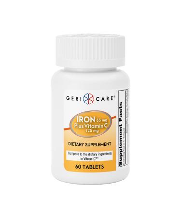 GeriCare Iron 65mg Plus Vitamin C 125mg Tablets High-Absorption Iron for Anemia Support Red Blood Cell Production Fatigue Reduction and Immune Health 60 Count 60 Count (Pack of 1)