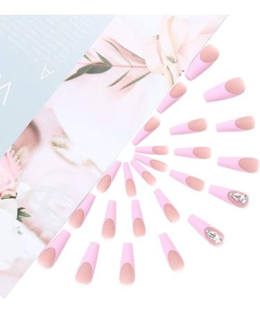 Coffin False Nails Long Fake Nails Pink Crystal Ballerina Acrylic Press on Nails Full Cover Stick on Nails 24pcs for Women and Girls 1 count (Pack of 1) Pink - Buy Online on GoSupps.com