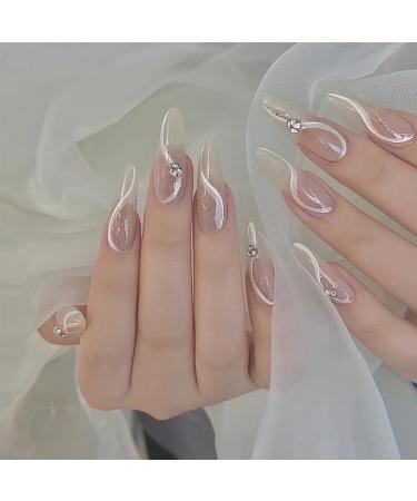 24Pcs/Set Press On Nails French style long nude dot diamond high-end Romantic Diamond False Nails Acrylic Fake Nails Full Cover Nails Tips Artificial Finger Manicure Press on nails for Women and Girls