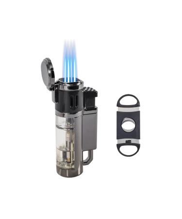 Jnfire Torch Lighter Butane Refillable and Powerful 4 Jet Flame Large Capacity Visible Fuel Tank Adjustable Windproof Pocket Lighters (Without Butane)