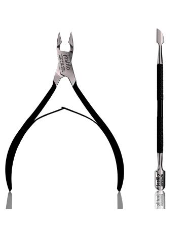 Jestilo Cuticle Remover Tool Set with Cuticle Cutter and Cuticle Pusher - Stainless Steel Professional Cuticle Nipper and Pusher Nail Care Tools for Salon and Level Mani-Pedi at Home - Silver (Black)