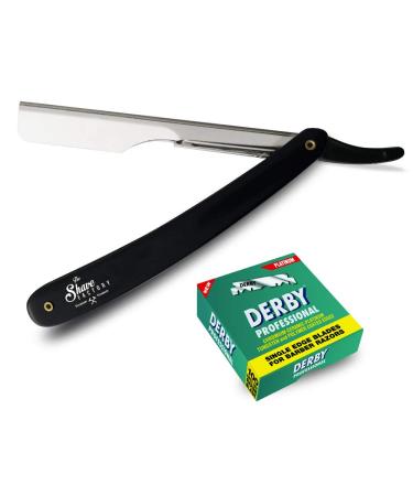 Shaving Factory Cut Throat Set from with a Straight Razor and 100 Derby Professional Single Edge Razor Blades Black 1 count