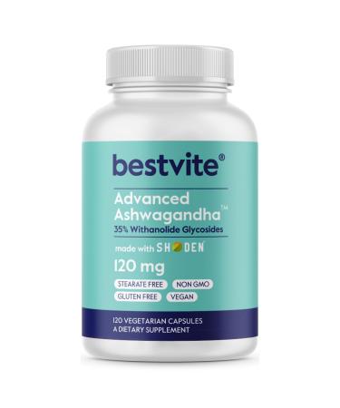 BESTVITE Advanced Ashwagandha 120mg w/Shoden (120 Vegetarian Capsules) - Clinically Studied Containing Industry Leading 35% Withanolide Glycosides - No Stearates - Vegan - Non GMO - Gluten Free 120 Count (Pack of 1)