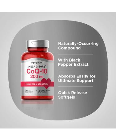 Piping Rock CoQ10 200mg - 180 Softgels | Enhanced Absorption Non-GMO & Gluten Free Supplement for Optimal Heart Health - Buy Online on GoSupps.com