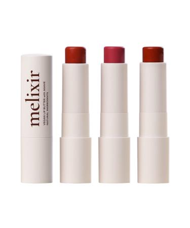 Melixir Vegan Lip Butter Trio (#03 Red Velvet #05 Dewy Rose #06 Rust Red) Hydrating Tinted Lip Balm for Dry Chapped Lips Petrolatum-Free Gift Set for Women Korean Lip Care Skincare Set