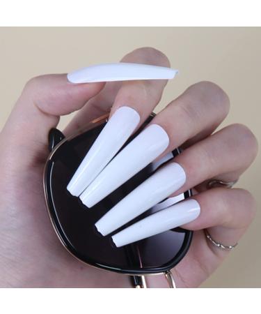 Rosy Finch XXL Extra Long Coffin Stick on Nails - White 2, Long Press Acrylic False Nails with Glue & File for Women - Buy Online on GoSupps.com