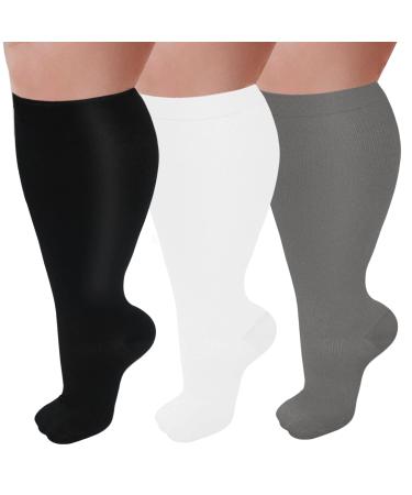 Get-Fa 3 pairs of compression stockings in oversize for women and men wide calf 20 30 mmHg extra large knee-high support for blood circulation