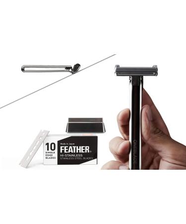 OneBlade Genesis Single Blade Safety Razor for Thick Coarse Hair - Stainless Steel Pivoting Head, Stand & 10 Japanese Feather FHS Refills