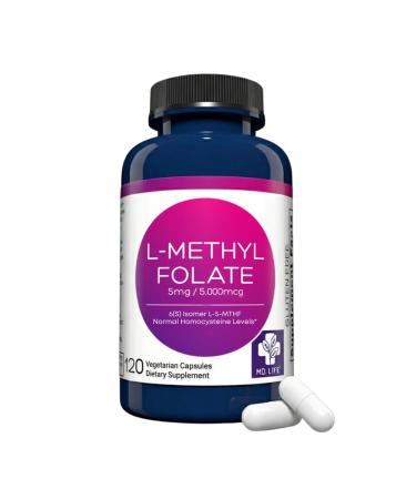 MD Life L-Methylfolate 5 mg Supplement - Professional-Grade Active L Methylfolate Supplement - 120 Capsules - L-Methylfolate 5mg - Maximum Potency MTHFR W/Essential Amino Acids 5mg (Pack of 120)