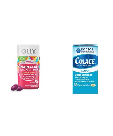 OLLY Ultra Strength Prenatal Multivitamin Softgels with Brain Development Support + Colace Clear Stool Softener Capsules 28 Count