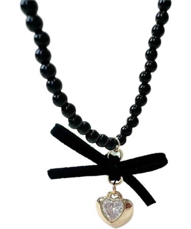 Oralgos Korean Fashion Loop Heart Pendant Pearl Necklace - Gothic Adjustable Collarbone Chain for Women - Aesthetic Jewelry in Resin Alloy - Buy Online on GoSupps.com