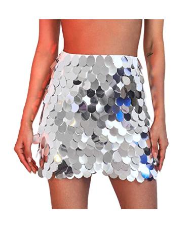 GRAEEN Sequin Dance Skirt Belly Hip Skirt Rave Fringe Skirt Outfits Party Costume Performance Skirt for Women and Girls Small A1-silver