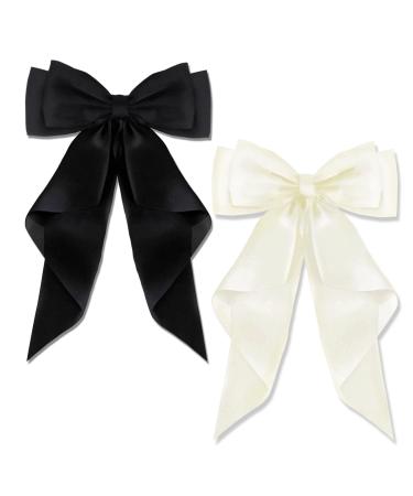 AYNKH 2 PCS Big Bow Hair Clips with Long Silky Satin Solid Color French Barrette Simple Hair Fastener Accessories for Women Girls Bowknot-2