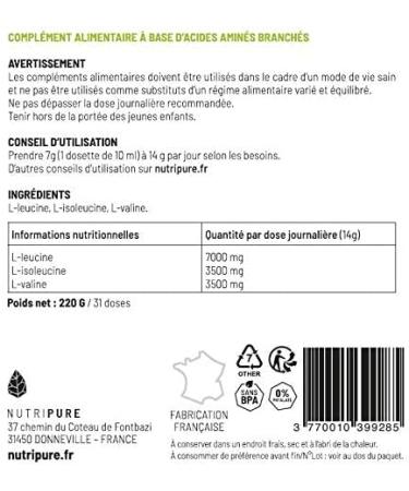 Nutripure | BCAA 2.1.1 Powder | 100% Vegan | Natural & Vegetable Origin | Essential Amino Acids | Strength Training & Endurance During Exercise | 220g | Made in France - Buy Online on GoSupps.com