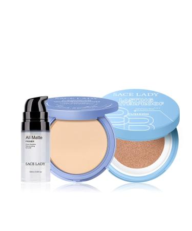 SACE LADY Face Makeup Base Set Smooth Primer Oil Control Setting Powder Flawless Foundation Cushion Coverage Lasting Face Cosmetics Kit 3Pcs Natural