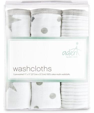 aden + anais Essentials Washcloth Set - 3-Pack, Super Soft 100% Cotton Muslin, Dusty Gray Stars - Buy Online on GoSupps.com