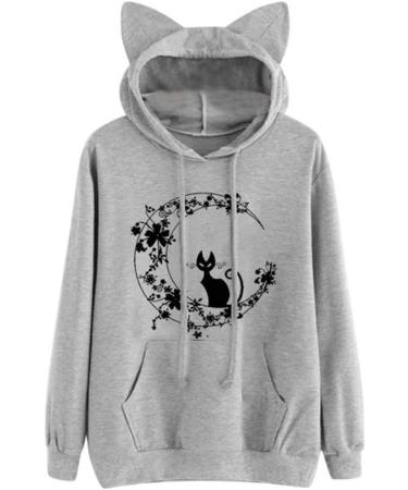 Bigfanshu Womens Cat Long Sleeve Hoodie Sweatshirt Hooded Pullover Tops Blouse with Ears Grey - Buy Online on GoSupps.com