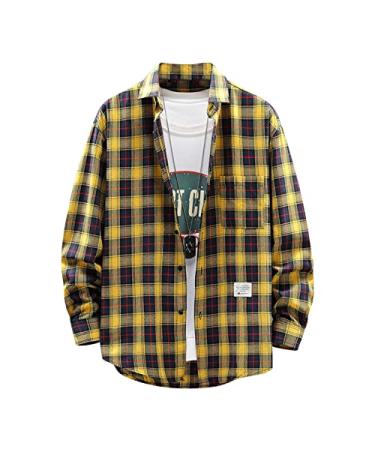 Maqroz Mens Flannel Shirts Long Sleeve Big and Tall Casual Shirt Jackets Button Down Lapel Fashion Plus Size Plaid Shirts 02-yellow X-Large